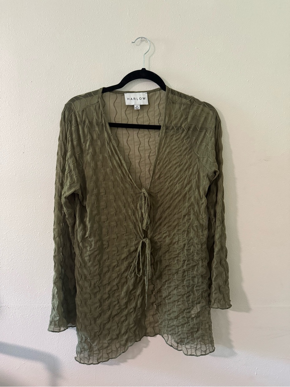 Harlow Olive Tie-Front Sheer Wave-Textured Cardigan
